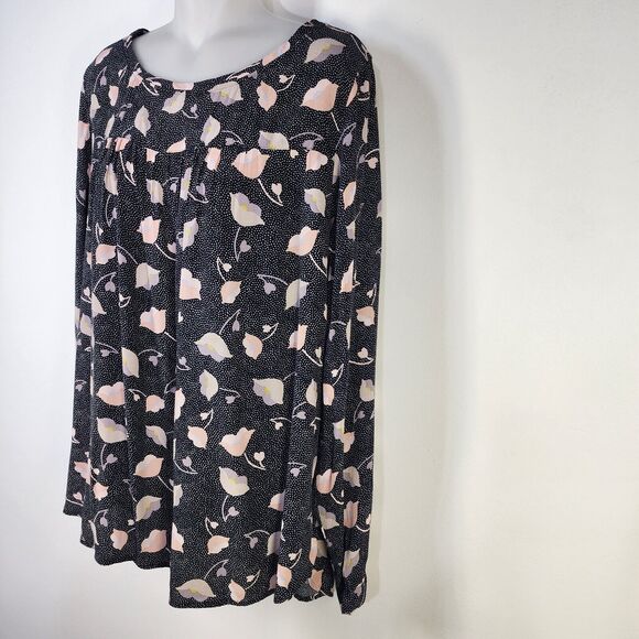 Ann Taylor Loft Blouse Large Floral Dot Black Pink Rayon Pullover Long Sleeve - Picture 5 of 10